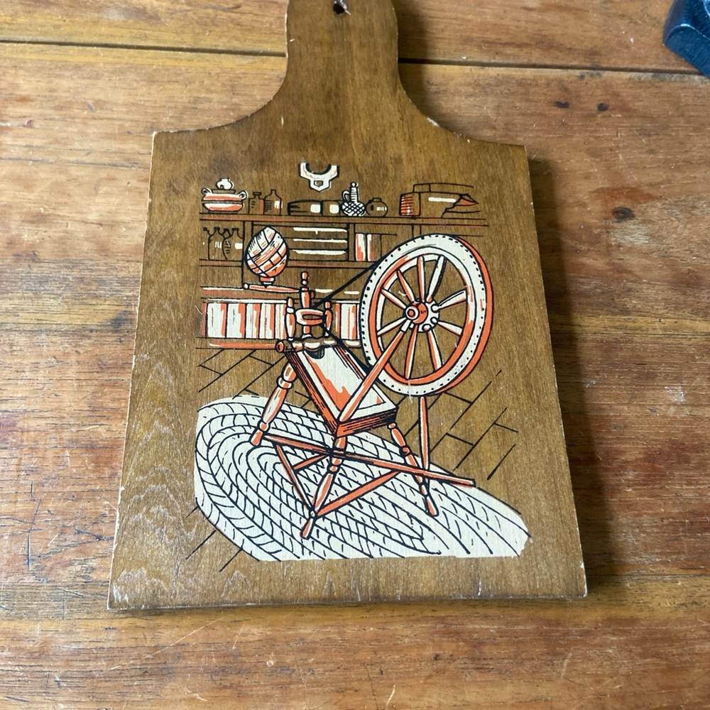 Vintage Enesco Decorative Wooden Cutting Board with Spinning Wheel Design